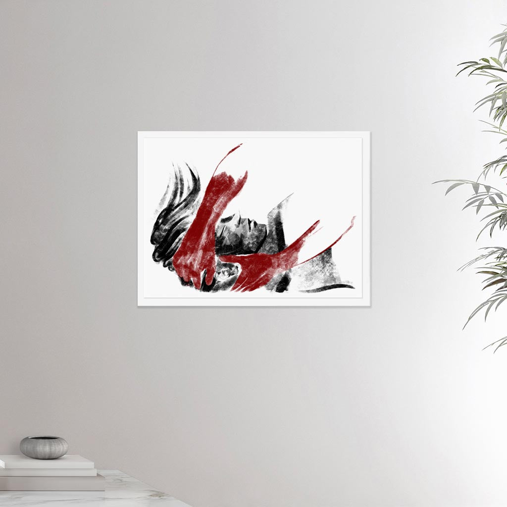 18x24 inches white framed poster depicting a head massage on a male head. Drawing made for massage professionals. Drawn in a realistic carbon style.  From the Healing Hands collection.