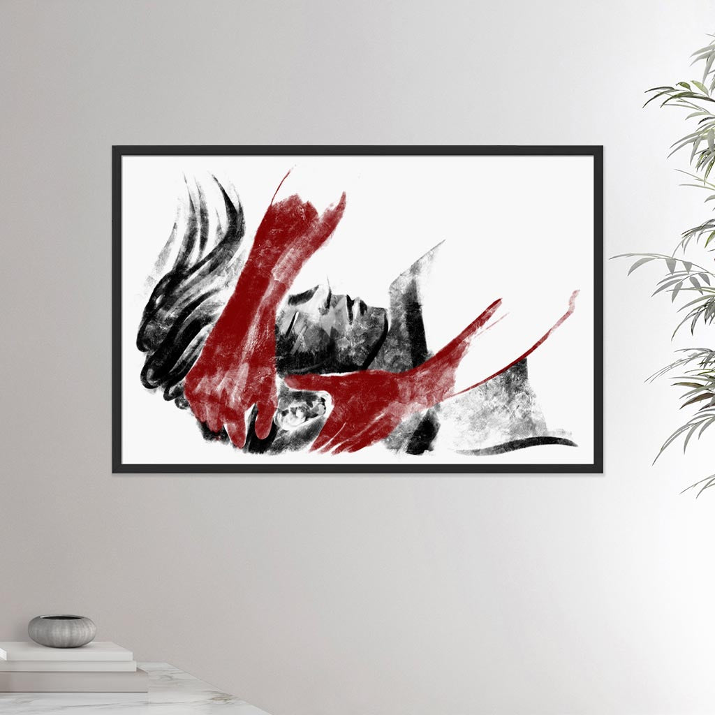 24x36 inches black framed poster depicting a head massage on a male head. Drawing made for massage professionals. Drawn in a realistic carbon style.  From the Healing Hands collection.