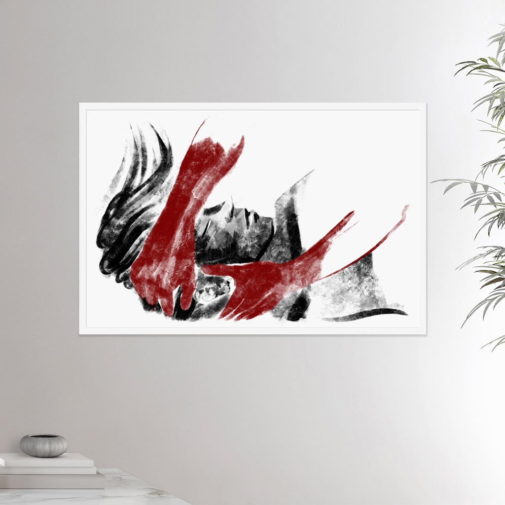 24x36 inches white framed poster depicting a head massage on a male head. Drawing made for massage professionals. Drawn in a realistic carbon style.  From the Healing Hands collection.