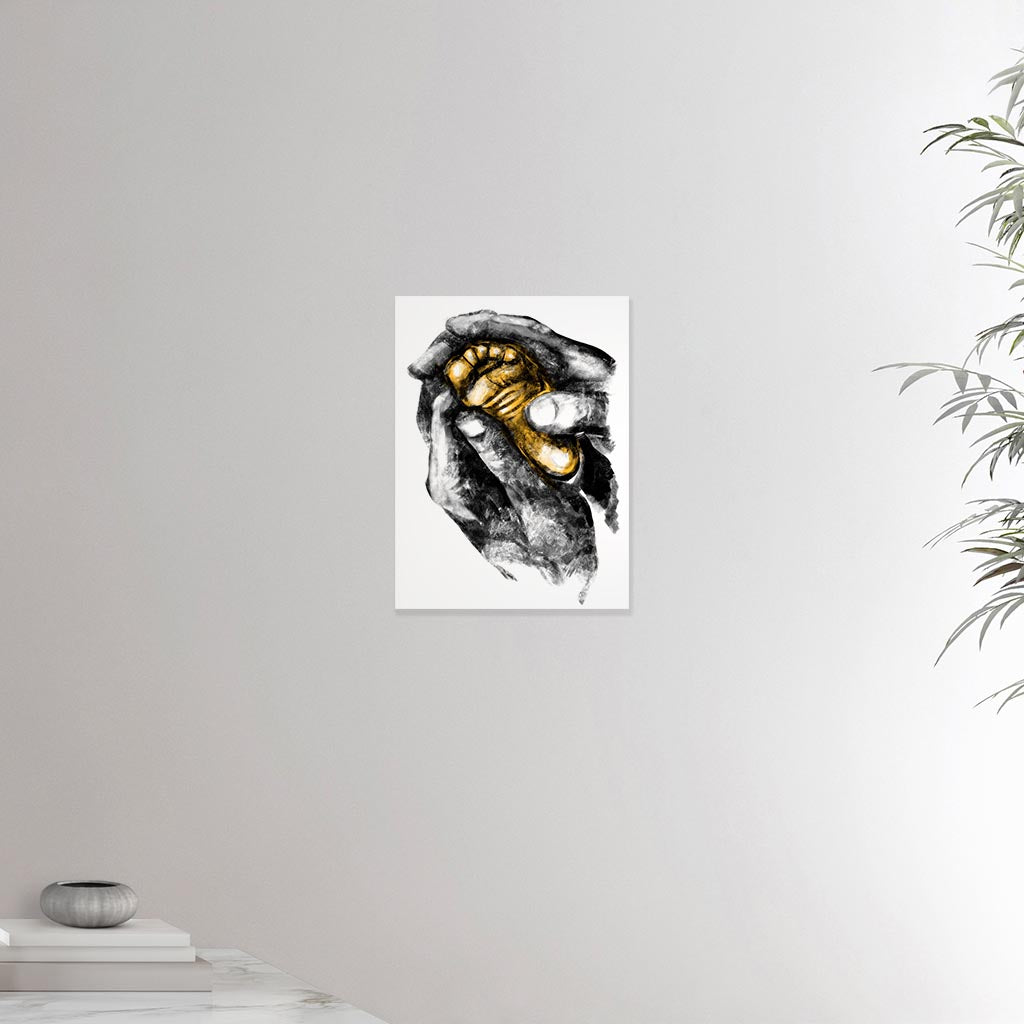 12x16 inches canvas depicting two grown hands giving a foot massage to a baby foot. Drawing made for massage professionals, pediatrists, reflexologists and podologists. Drawn in a realistic carbon style.  From the Healing Hands collection.