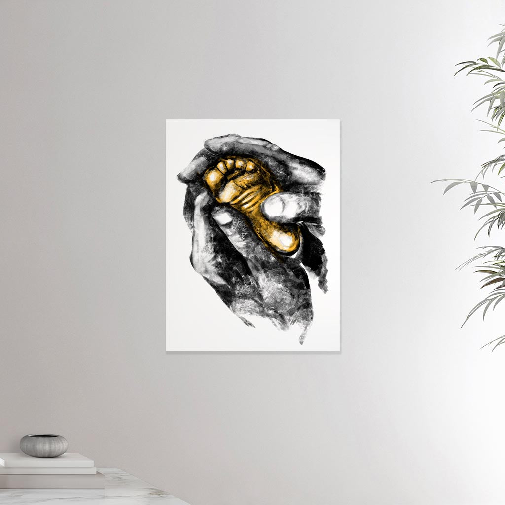 18x24 inches canvas depicting two grown hands giving a foot massage to a baby foot. Drawing made for massage professionals, pediatrists, reflexologists and podologists. Drawn in a realistic carbon style.  From the Healing Hands collection.