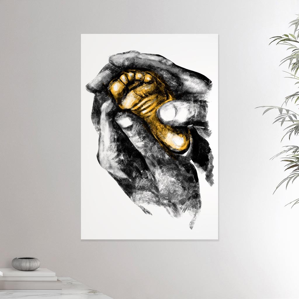 24x36 inches canvas depicting two grown hands giving a foot massage to a baby foot. Drawing made for massage professionals, pediatrists, reflexologists and podologists. Drawn in a realistic carbon style.  From the Healing Hands collection.