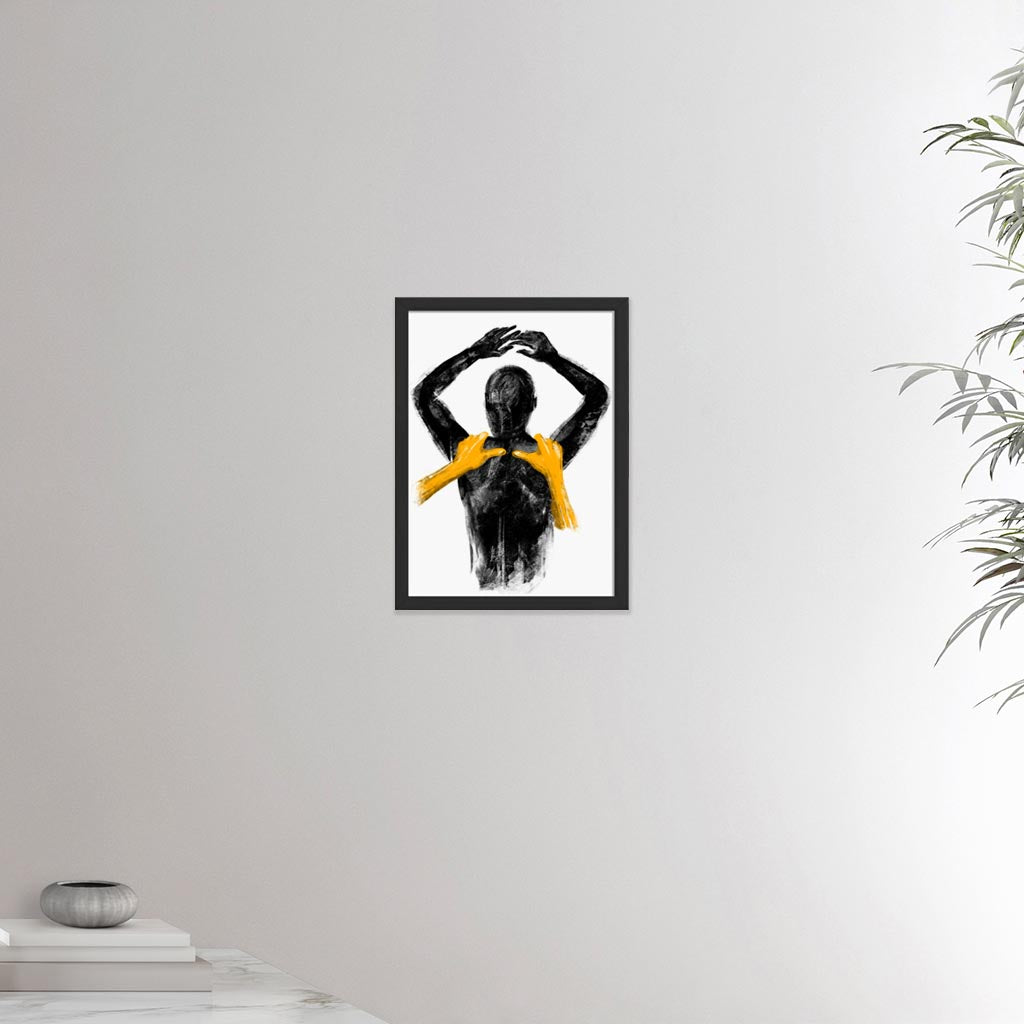 12x16 inches black framed poster depicting a shoulders massage. Made in a realistic carbon style. From the Healing Hands collection.