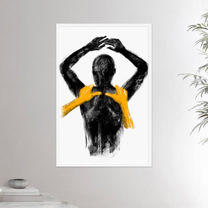 24x36 inches white framed poster depicting a shoulders massage. Made in a realistic carbon style. From the Healing Hands collection.