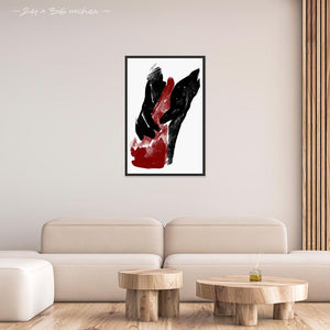 Mock up of 24x36 inches black framed poster depicting a foot massage with two hands on one foot. This reflexology design is made in a realistic carbon style. From the Healing Hands collection.