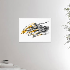 18x24 inches white framed poster depicting a pair of healing hands. Drawing made for massage professionals. Drawn in a realistic carbon style.  From the Healing Hands collection.