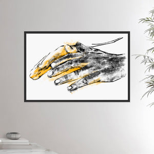 24x36 inches black framed poster depicting a pair of healing hands. Drawing made for massage professionals. Drawn in a realistic carbon style.  From the Healing Hands collection.