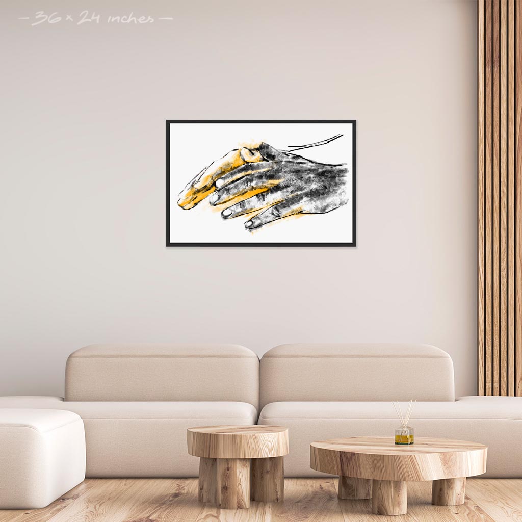 Living room with a 24x36 inches black framed poster depicting a pair of healing hands. Drawing made for massage professionals. Drawn in a realistic carbon style.  From the Healing Hands collection.