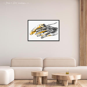 Living room with a 24x36 inches black framed poster depicting a pair of healing hands. Drawing made for massage professionals. Drawn in a realistic carbon style.  From the Healing Hands collection.