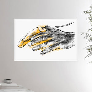 24x36 inches white framed poster depicting a pair of healing hands. Drawing made for massage professionals. Drawn in a realistic carbon style.  From the Healing Hands collection.
