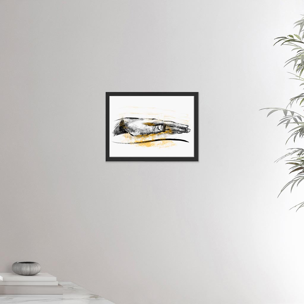 12x16 inches black framed poster depicting a healing hand. Drawing made for massage professionals and reiki professionals. Drawn in a realistic carbon style.  From the Healing Hands collection.