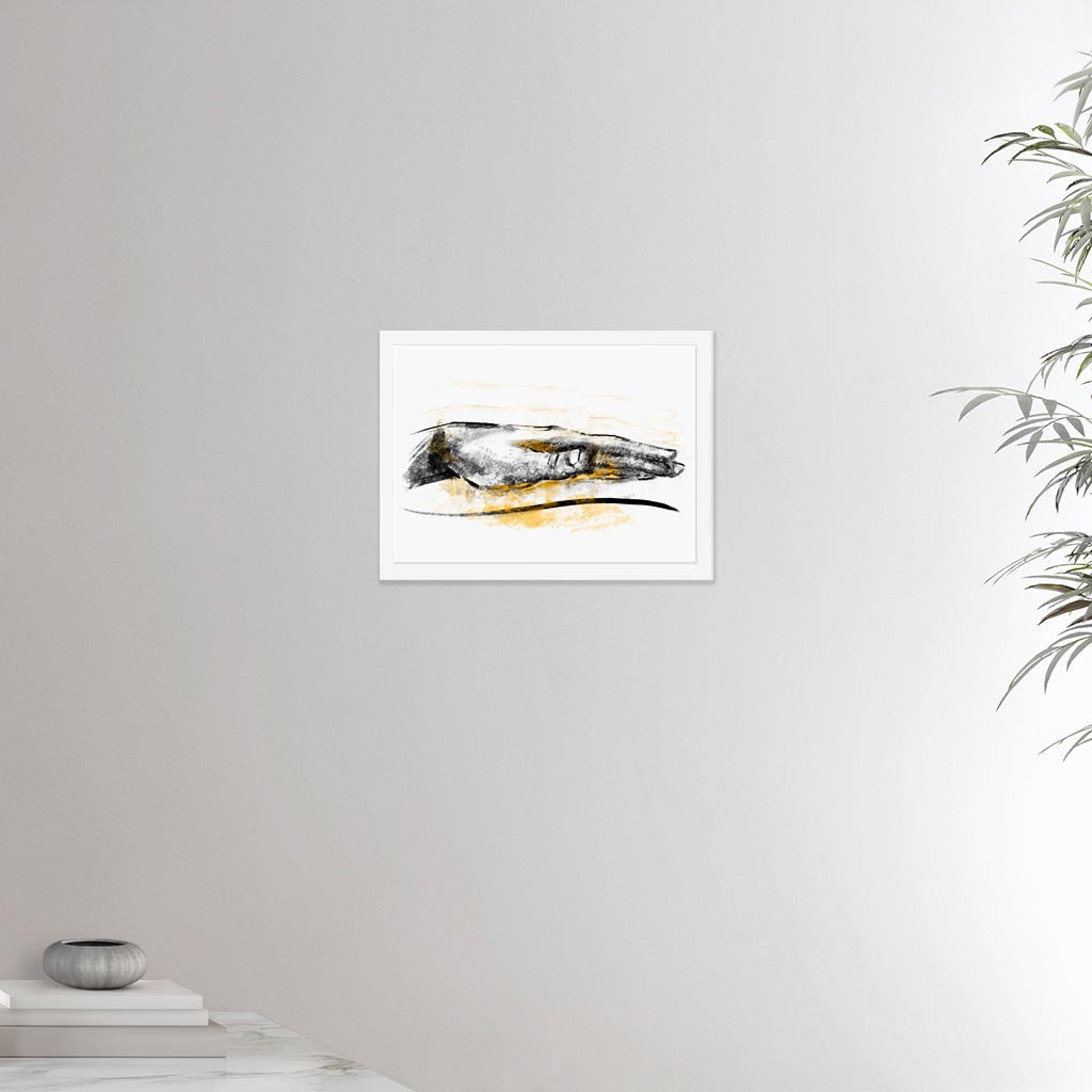 12x16 inches black framed poster depicting a healing hand. Drawing made for massage professionals and reiki professionals. Drawn in a realistic carbon style.  From the Healing Hands collection.