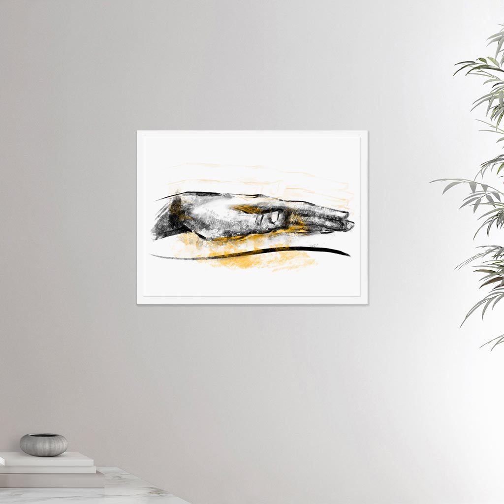 18x24 inches black framed poster depicting a healing hand. Drawing made for massage professionals and reiki professionals. Drawn in a realistic carbon style.  From the Healing Hands collection.