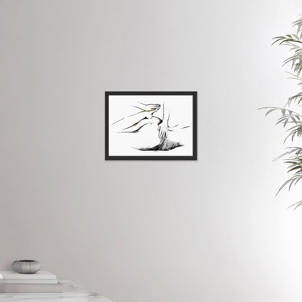 12x16 inches black framed poster depicting a shiatsu massage. Made in a realistic carbon style. From the Healing Hands collection.
