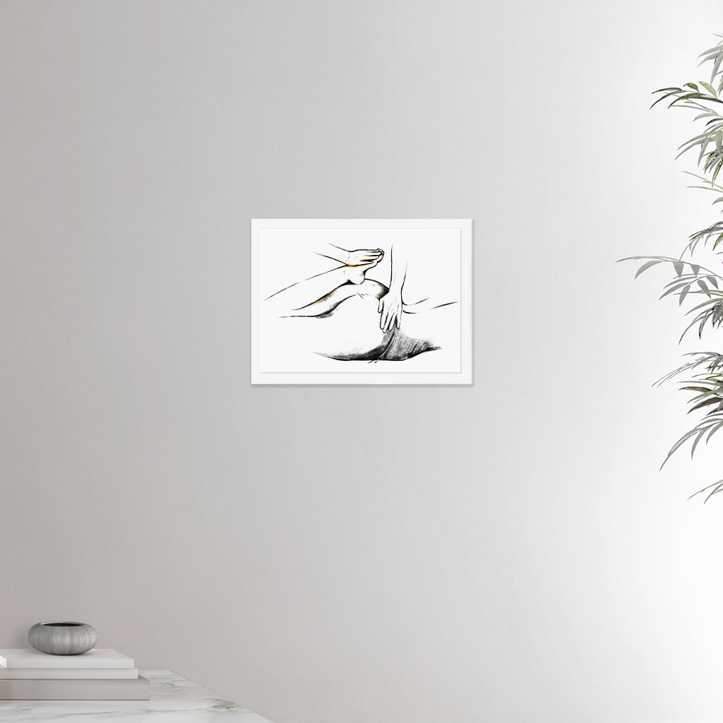 12x16 inches white framed poster depicting a shiatsu massage. Made in a realistic carbon style. From the Healing Hands collection.