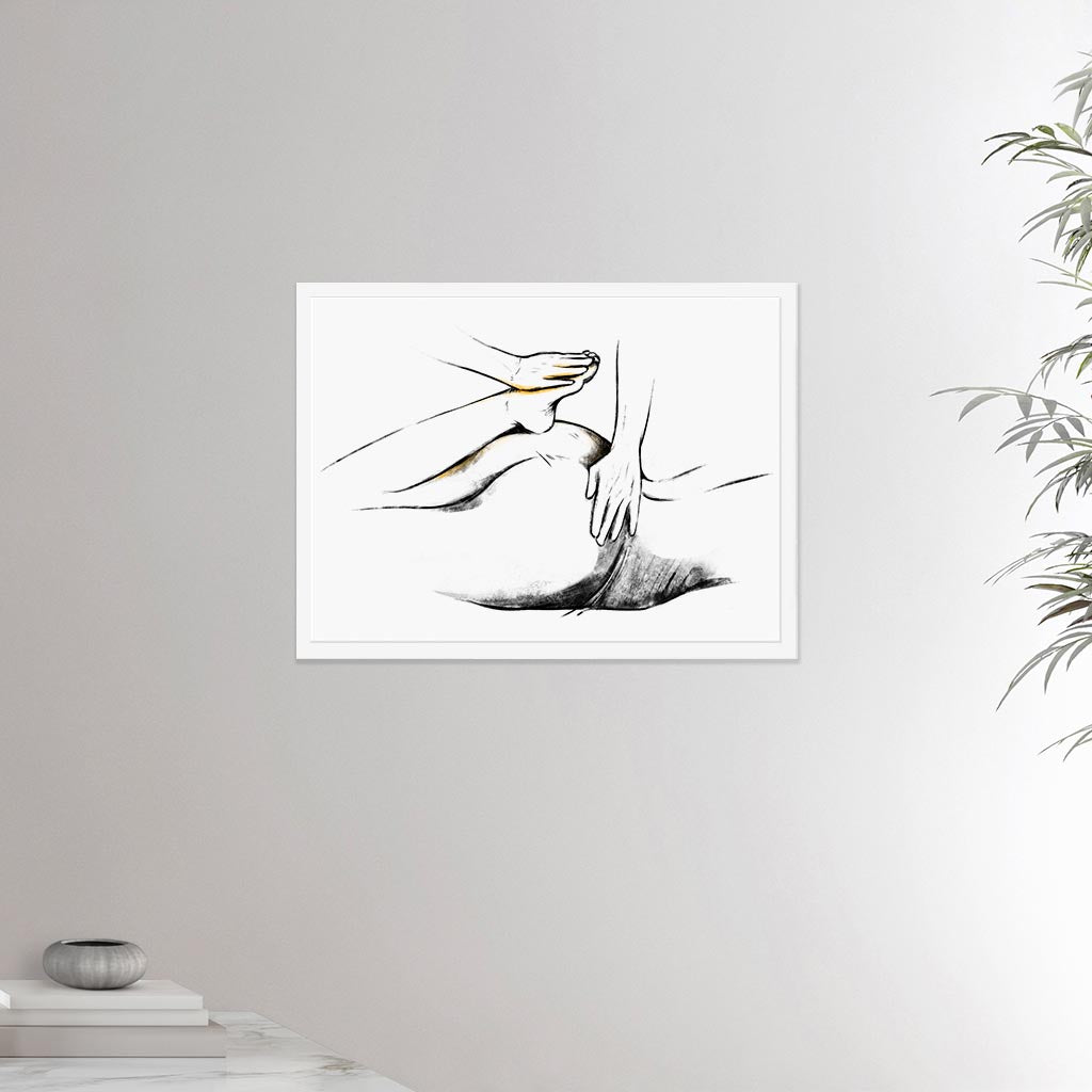 18x24 inches white framed poster depicting a shiatsu massage. Made in a realistic carbon style. From the Healing Hands collection.