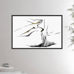 24x36 inches black framed poster depicting a shiatsu massage. Made in a realistic carbon style. From the Healing Hands collection.