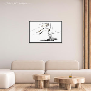 Living room with a 24x36 inches black framed poster depicting a shiatsu massage. Made in a realistic carbon style. From the Healing Hands collection.