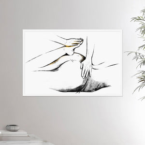 24x36 inches white framed poster depicting a shiatsu massage. Made in a realistic carbon style. From the Healing Hands collection.