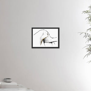 12x16 inches black framed poster depicting a knee massage. Made in a realistic carbon style. From the Healing Hands collection.