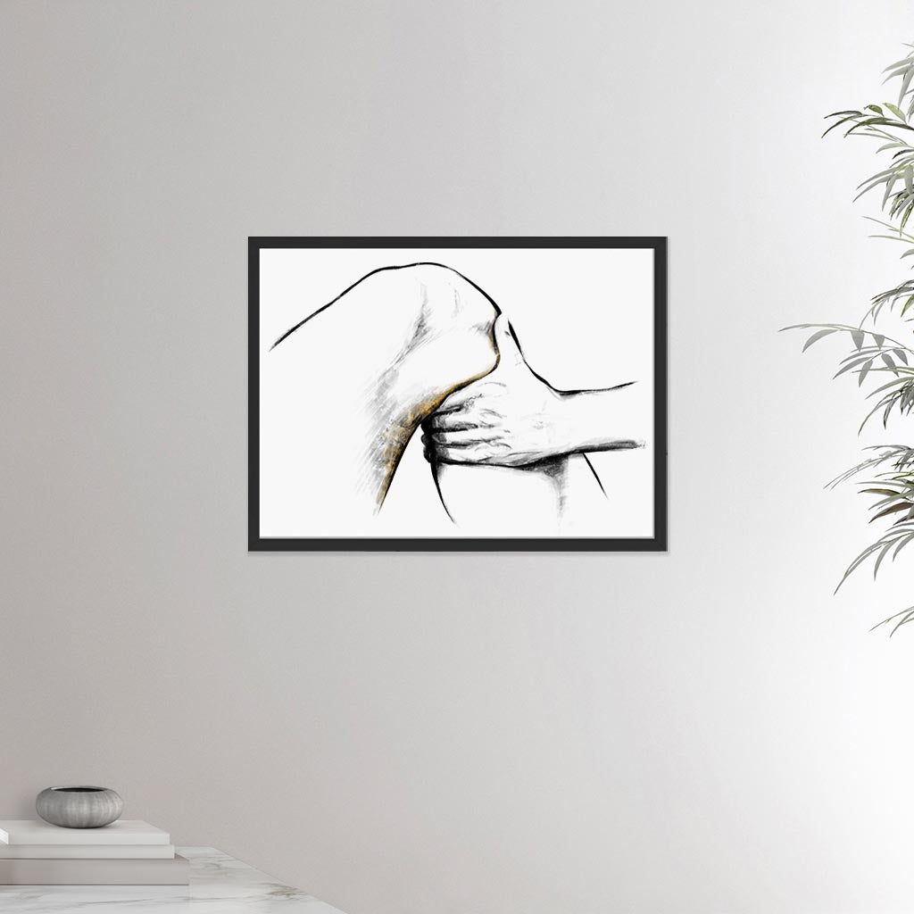 18x24 inches black framed poster depicting a knee massage. Made in a realistic carbon style. From the Healing Hands collection.