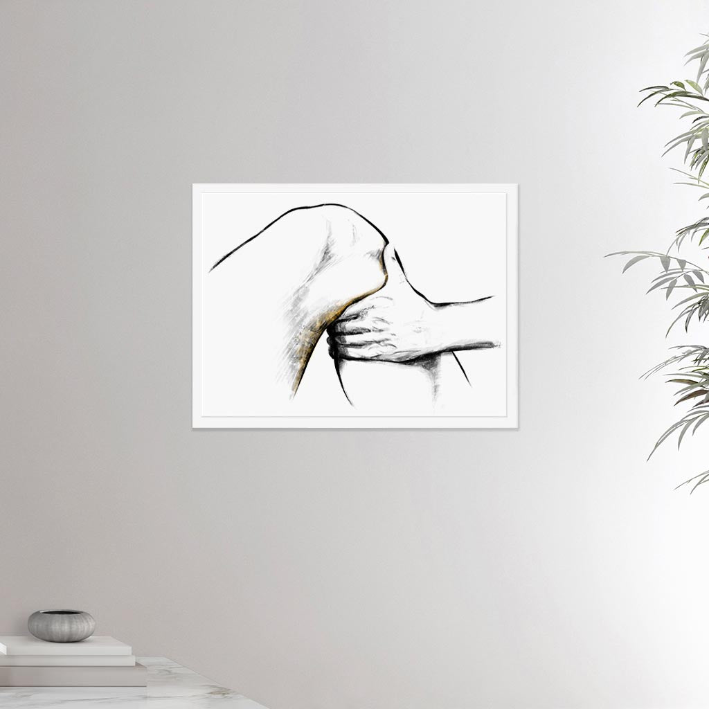 18x24 inches white framed poster depicting a knee massage. Made in a realistic carbon style. From the Healing Hands collection.