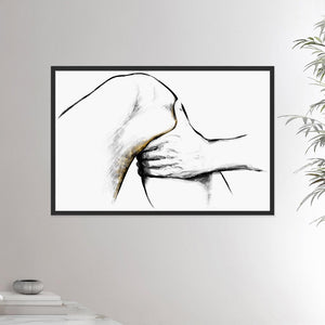 24x36 inches black framed poster depicting a knee massage. Made in a realistic carbon style. From the Healing Hands collection.