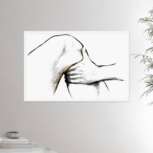 24x36 inches white framed poster depicting a knee massage. Made in a realistic carbon style. From the Healing Hands collection.