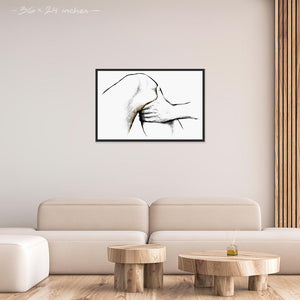 living room with a 24x36 inches black framed poster depicting a knee massage. Made in a realistic carbon style. From the Healing Hands collection.