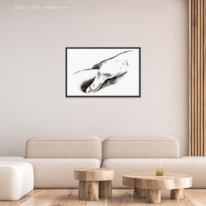 Living room with a 24x36 inches black framed poster depicting a massage hitting a trigger point. Made in a realistic carbon style. From the Healing Hands collection.