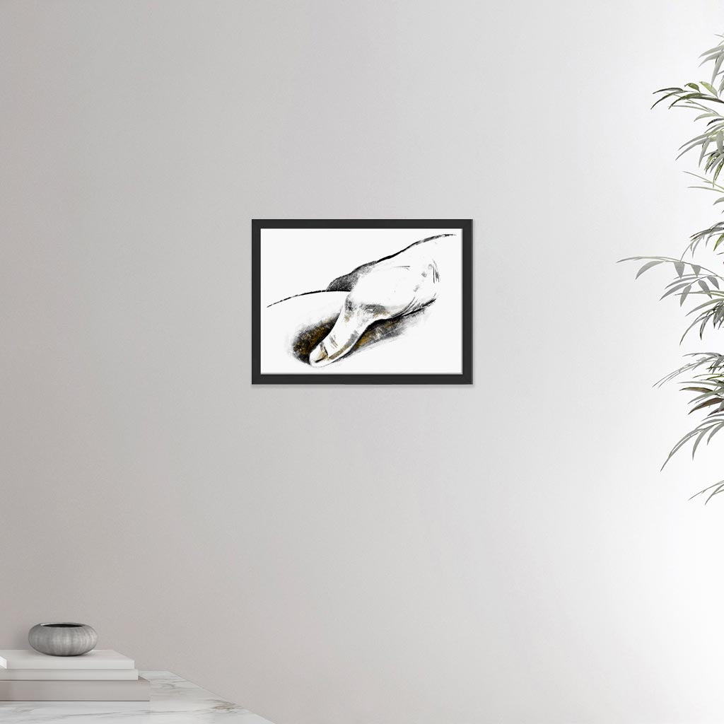 12x16 inches black framed poster depicting a massage hitting a trigger point. Made in a realistic carbon style. From the Healing Hands collection.