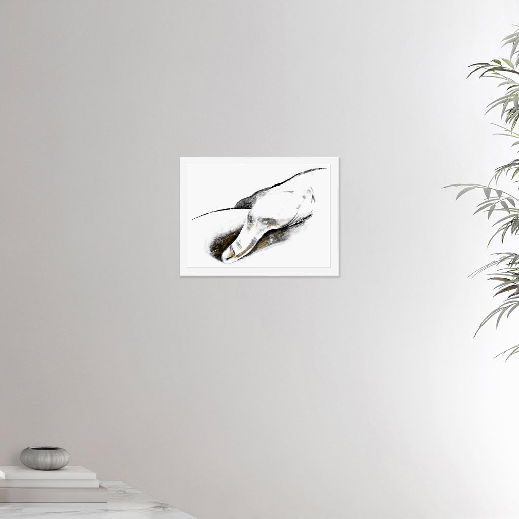 12x16 inches white framed poster depicting a massage hitting a trigger point. Made in a realistic carbon style. From the Healing Hands collection.