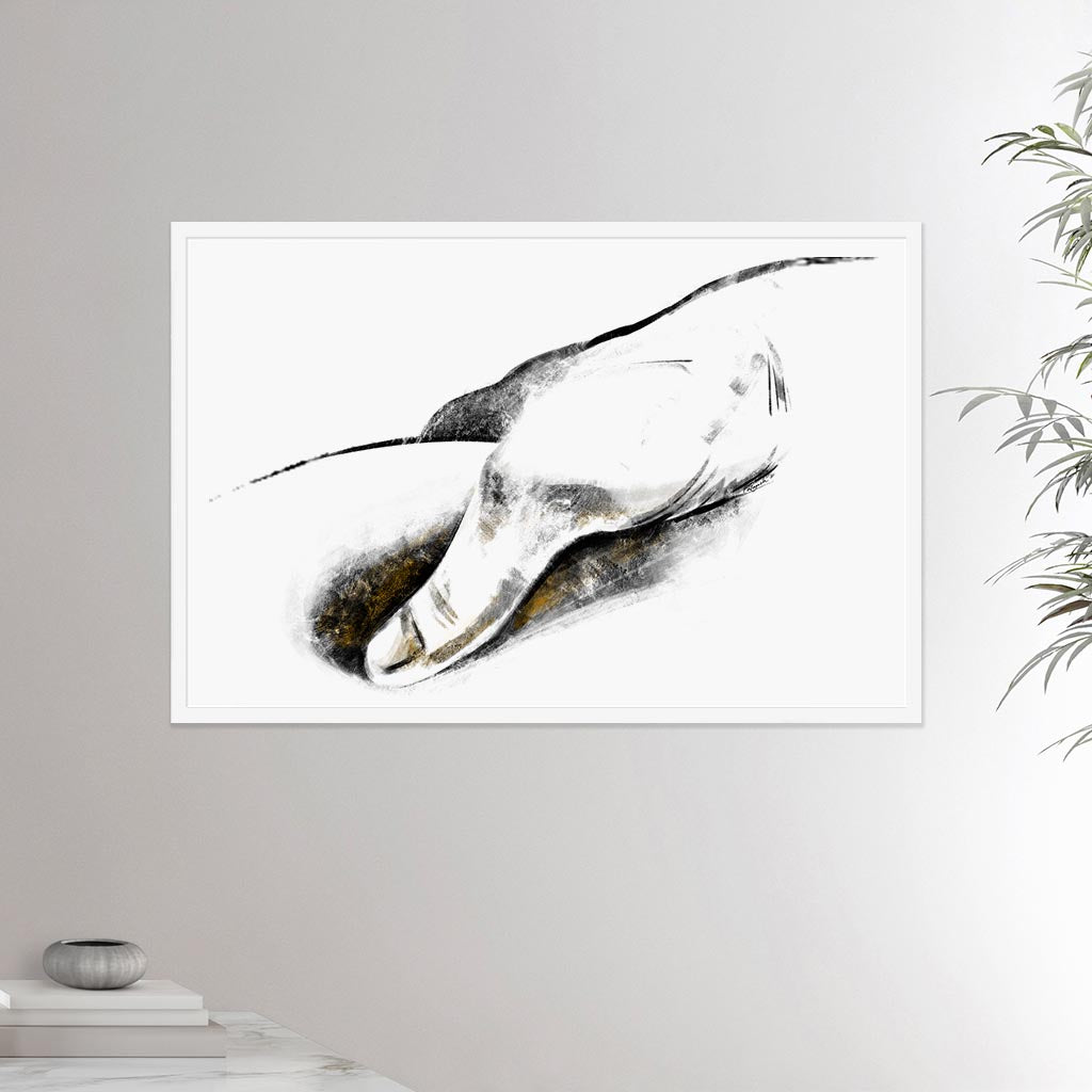 24x36 inches white framed poster depicting a massage hitting a trigger point. Made in a realistic carbon style. From the Healing Hands collection.