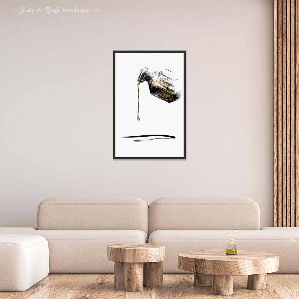 Mock up of 24x36 inches black framed poster depicting a aromatherapy perfume bottle. Made in a realistic carbon style. From the Healing Hands collection.