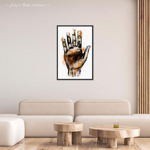 Mock up of 24x36 inch black framed poster depicting a massage therapists hand. Made in a realistic carbon style. From the Healing Hands collection.