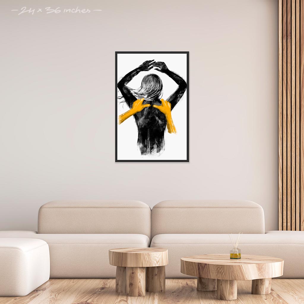 Living room with a 24x36 inches black framed poster depicting a shoulders massage on a female. Made in a realistic carbon style. From the Healing Hands collection.