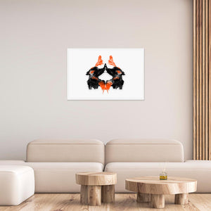 Living room with a 24x36 inches white framed poster depicting the second Rorscharch drawing. Perfect for psychotherapists. From the Rorscharch collection.