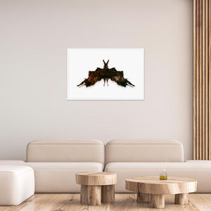Living room with a 24x36 inches white framed poster depicting the fifth Rorscharch drawing. Perfect for psychotherapists. From the Rorscharch collection.