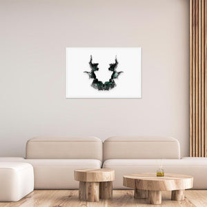 Living room with a 24x36 inches white framed poster depicting the seventh Rorscharch drawing. Perfect for psychotherapists. From the Rorscharch collection.